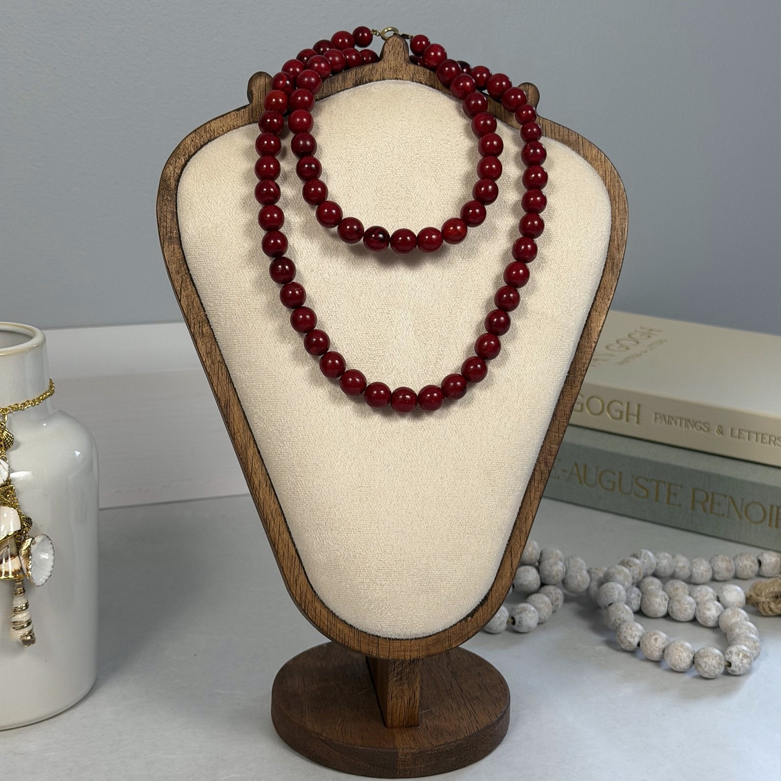 Vintage 1960s Vogue Jewelry Necklace 31 Opera Length Cranberry Red Glass Bead